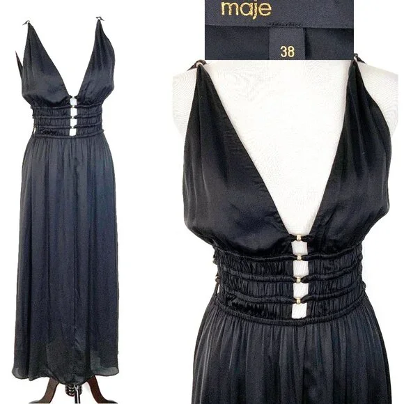 Maje Openwork Satin-Effect Black Maxi Dress Party Prom  Sz 38 (4) - Picture 2 of 16